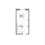 Студия, 26.4 м², жилая: 12.2 м², кухня: 6 м²